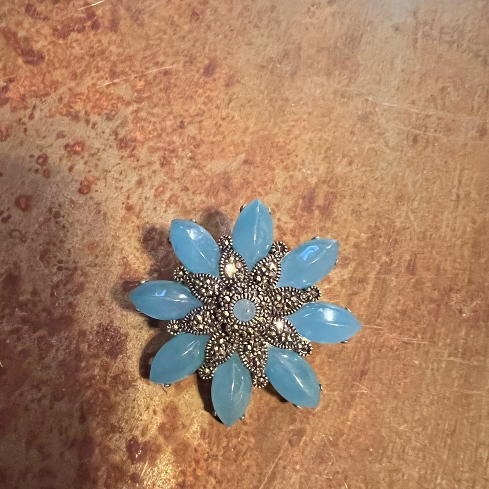 Vintage Blue Agate & Marcasite Brooch SS